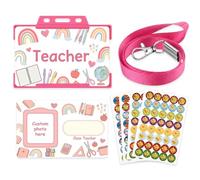 7 Pcs Teacher Role Play Set for Kids Girl, Pretend Teacher Gift, Pink | Christmas Gift with ID Badge Lanyard, Card Holder and Reward Stickers for School Dress up, Classroom Game & Imaginative Play