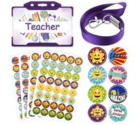 7 Pcs Teacher Role Play Set with ID Badge Lanyard Reward Stickers, Purple | Christmas Gift with ID Badge Lanyard, Card Holder and Reward Stickers for School Dress up, Classroom Game & Imaginative Play