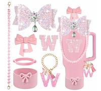 7 Pcs Valentine’s Day Letter Charms Accessories Set for Stanley Cup, Pink Bow Straw Topper, Silicone Boot, Handle Strap, Pearl Keychain, Pearl Handle Strap for 30oz & 40oz Tumbler (Letter W)