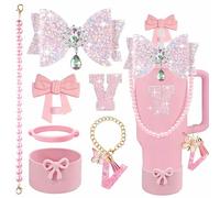 7 Pcs Valentine’s Day Letter Charms Accessories Set for Stanley Cup, Pink Bow Straw Topper, Silicone Boot, Handle Strap, Pearl Keychain, Pearl Handle Strap for 30oz & 40oz Tumbler (Letter V)