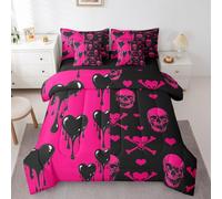 7 Pcs Western Halloween Kids Comforter Full Size,Skeleton Love Heart Gothic Romantic Bedding Set,Skull Patchwork Trippy Pink Black（Comforter+Fitted+Flat+2 Pillowcases+2 Throw Pillow Covers）