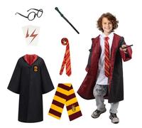 7 Pcs Wizard Costume Kids - Witch Fancy Dress Costumes Set, Witch Costume Kids with Wizard Robe Wand Tie Scarf Glasses Lighting Tattoo for Boys Girls Party Carnival Cosplay Halloween Outfit, 135CM