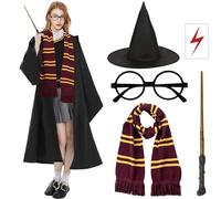 7 Pcs Wizard Costume Set for Adult, Wizard Fancy Dress Harry Cosplay Accessories Outfit with Robe Scarf Glasses Tattoo Sticker Wand Tie Magic School Uniform for World Book Day Halloween Cosplay (M)