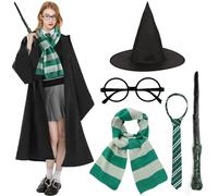 7 Pcs Wizard Costume Set for Adult, Wizard Fancy Dress Wizard Cosplay Accessories Outfit with Robe Scarf Glasses Tattoo Sticker Wand Tie Magic School Uniform for World Book Day Halloween Cosplay (S)