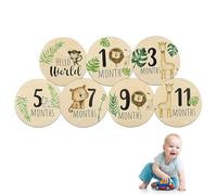 7 Pcs Wooden Baby Monthly Milestone Cards Set,Double-Sided Monthly Newborn Welcome Signs 1-12 Months,Reversible Circle Discs with Cute Prints for Photography Props Nursery Decor Baby Shower Gifts