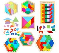7 Pcs Wooden Tangrams Puzzle Set Wood Russian Blocks Wooden Hexagon Puzzles Geometric Block Brain Teaser for Kids Adults 3D Logic Intelligence IQ Game Gift