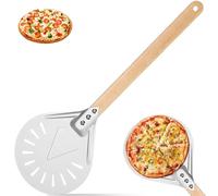 7" Perforated Pizza Turning Peel with Long Wooden Handle, Non-Stick Homemade Pizzas Spatula, Aluminum Heat Resistant Baking Paddlefor Bread,Cake,Professional Non-Slip Pizzas Shovel for Stone Oven Gril