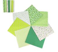 7-Piece 25 x 25 cm Cotton Squares, Fat Quarters Fabric Bundle, Green Prints | Assorted Floral, Leaf, Dot And Check Designs, For Patchwork Panels, Small Bags, Home Décor And Seasonal Decorations