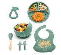 7-Piece Baby Weaning Set - BPA-Free Silicone Strong Suction Divided Plate, Teather, Bowl w/Extended Curved Lip, Spoon, Bib w/Catcher - Microwave & Dishwasher Safe Baby Feeding Set - Gifts for Babies