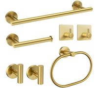7-Piece Bathroom Accessories Set, Gold Towel Rail Bathroom Hardware Set, SUS304 Stainless Steel Bathroom Accessory Includes Gold Towel Rail, Toilet Roll Holder, Towel Ring, and Wall Hooks