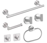 7-Piece Bathroom Accessories Set, Silver Towel Rail Bathroom Hardware Set, SUS304 Stainless Steel Bathroom Accessory Includes Silver Towel Rail, Toilet Roll Holder, Towel Ring, and Wall Hooks