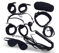 7-Piece Black Bondage Kit with Adjustable Cuffs, Blindfold, Collar, Ball Gag, Rope, Whip, and Leash - Faux Leather and Soft Lining for Comfort