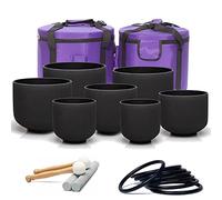 7 Piece Black Crystal Singing Bowl Set in 432/440 Hz with Heavy Duty Cases and Suede Strikers