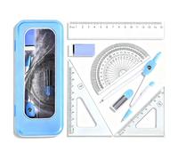7-Piece Blue Math Geometry Set with Iron Case, School Drawing Compass Protractor Ruler Set for Students Teachers, Maths Teaching Learning Exam Stationery Kids Adults Gifts