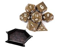 7 Piece Bronze and White Maze Design Dice, Hollow Polyhedron, Compatible with Role-Playing RPG Board Game Card Game