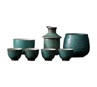 7 Piece Ceramic Home Set Traditional Retro Green Sake Cup Set, Includes 1 Wine Warming Pitcher, 1 Wine Warming Bowl, 1 Half Cat Mug, 4 Mugs