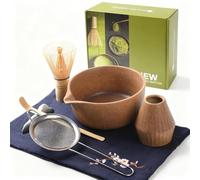 7-Piece Complete Matcha Set, Essential Matcha Kit with Bamboo Whisk (Chasen), Ceramic Bowl, Stainless Steel Sifter, Scoop (Chashaku), Whisk Stand & Table Mat - Gift Set for Matcha Lovers (Brown)