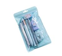 7 - Piece Cute Pink Stationery Set with Ballpoint Pens, Pencil Sharpener, Highlighter, Correction Tape, Ruler and Utility Knife, Ideal for School and Office, Blue