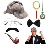 7-Piece Detective Costume Accessory Set, Sherlock Holmes Costume Accessories with Detective Hat, Magnifying Glass, Men's Bow Tie, Beard, Detective Cosplay Props for Children, Adults, Cosplay, Carnival