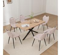 7-Piece Dining Set 140cm Square Table & 6 Upholstered Linen Chairs Perfect for Kitchens & Dining Rooms Light Wood & Bei h