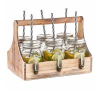 7-Piece Drinking Glasses Set Including Lid Straw Wooden Box with Handle a`0.45 L