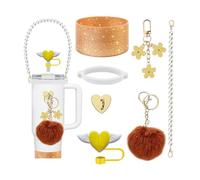 7-Piece for Stanley Cup Accessories Set for 30oz & 40oz Tumblers - Includes Silicone Boot, Handle Strap, Straw Cover, Plush Ball, Keychain Charms & Spill Stopper (Brown)