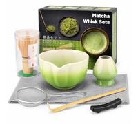 7-Piece Gradient Green Speckled Matcha Set - Natural Bamboo Whisk & Ceramic Chawan, Complete Matcha Making Kit with Strainer, Holder & Tea Towel- Designed for Matcha Lovers