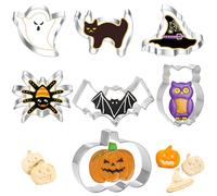 7-Piece Halloween Cookie Cutter Set,Reusable Heavy Duty Stainless Steel Biscuit Cutters,Pumpkin,Bat,Ghost,Witch Hat,Spider,Owl,Kitten,Stainless Steel Baking Moulds Suitable for Halloween