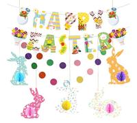 7-Piece Happy Easter Banner, Easter Banner Easter Decoration, Easter Party Decor Set with Letter Banner, 3D Rabbit Honeycomb, Garland, Tree & Table Decor for Easter Egg Hunt