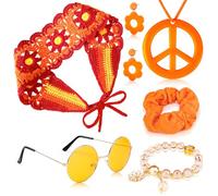 7 Piece Hippie Accessories Women's Set, Vintage Hippie Costume Accessories with Glasses, Peace Necklace, Earrings, Boho Headband, 70s Fancy Dress, Hippie Party Accessories for Carnival and Theme Party