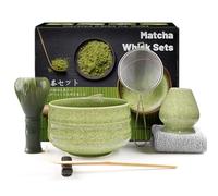 7 Piece Matcha Set, Green Resin Matcha Whisk, Macha Tea Set with Matcha Spoon, Whisk Holder, Matcha Brush, Shovel, Strainer, Matcha Accessories Japanese Tea Ceremony - Ribbed Matcha Green