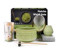 7 Piece Matcha Set, Macha Tea Set with Matcha Spoon, Whisk Holder, Matcha Whisk, Shovel, Strainer, Japanese Tea Accessories Traditional Bamboo Whisk Tea Ceremony Best Gift,Threaded Green