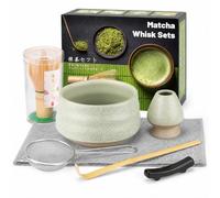 7-Piece Matcha Set, Mesh Green Ceramic Bowl with Bamboo Whisk, Holder, Scoop, Sifter, Spoon Rest & Towel - Fresh Japanese Tea Kit - Designed for Matcha Lovers