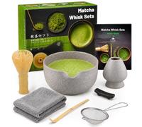 7 Piece Matcha Set, Yellow Resin Matcha Whisk, Macha Tea Set with Matcha Spoon, Whisk Holder, Matcha Broom, Shovel, Strainer, Matcha Accessories Japanese Tea Ceremony, Grey White