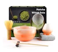 7 Piece Matcha Set, Yellow Resin Matcha Whisk, Macha Tea Set with Matcha Spoon, Whisk Holder, Matcha Brush, Shovel, Strainer, Matcha Accessories Japanese Tea Ceremony, Petal Pink