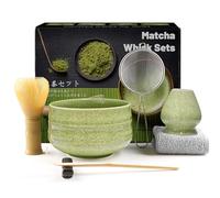 7 Piece Matcha Set, Yellow Resin Matcha Whisk, Macha Tea Set with Matcha Spoon, Whisk Holder, Matcha Brush, Shovel, Strainer, Matcha Accessories Japanese Tea Ceremony - Ribbed Matcha Green