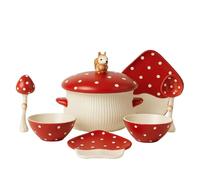 7-Piece Mushroom Dinnerware Set - Ceramic Soup Pot with Lid, Bowls, Plates & Spoons | Red & White Polka Dot Forest Kitchen Tableware Set | Cute Cottagecore Gift for Home & Dining