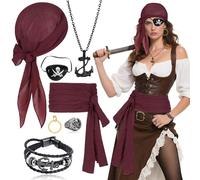 7 Piece Pirate Costume Accessories Set for Adults - Headscarf, Belt, Eye Patch, Anchor Necklace, Bracelet, Ring, Earring - Halloween, Cosplay, Renaissance Fair Dress Up Kit