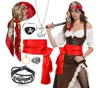 7 Piece Pirate Costume Accessories Set for Adults - Headscarf, Belt, Eye Patch, Anchor Necklace, Bracelet, Ring, Earring - Halloween, Cosplay, Renaissance Fair Dress Up Kit