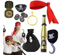 7-Piece Pirate Costume Kids Set, Adult Pirate Accessories Kit with Compass Telescope Eye Patch, Pirate Costume Accessories for Boys and Girls, Gold Earring Coin Bag Red Bandana,Pirate Accessories Kids