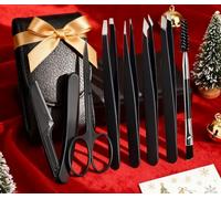 7-Piece Professional Tweezers Set, Stainless Steel Precision Tweezers for Women Facial Hair & Ingrown Hair with Eyebrow Razor, Scissor & Travel Bag Present for Men Women Stocking Stuffers