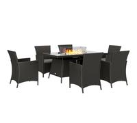 7 Piece Rattan Dining Set Fire Pit Table Patio Armchairs Garden Furniture Black