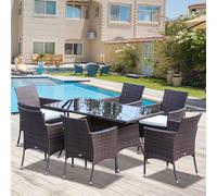 Outsunny 7-Piece Rattan Garden Furniture Set with Cushions, 6 Seater Garden Table and Chairs, Rattan Dining Set with 6 Armchairs, Rectangular Glass Top Table, Brown Brown