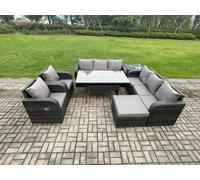 7 Piece Rattan Garden Furniture Set with Patio Sofa Rectangular Dining Table Big Footstool Side Table Indoor Conservatory Patio Set Fimous Dark Grey One Size