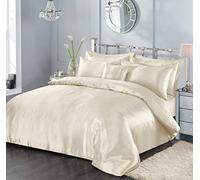 7 Piece Satin Sheets Super Soft Shiny Bedding Sets, 1 x Duvet Cover, 1 x Fitted Bed Sheet, 4 x Pillow Cases, 1 x Cushion Cover, Full Complete Bed Set (Cream, Super King)