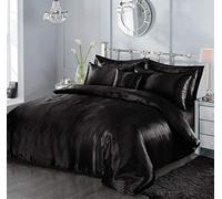 7 Piece Satin Sheets Super Soft Shiny Bedding Sets, 1 x Duvet Cover, 1 x Fitted Bed Sheet, 4 x Pillow Cases, 1 x Cushion Cover, Full Complete Bed Set (Black, Double)
