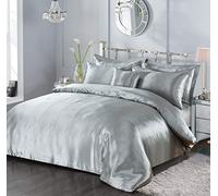 7 Piece Satin Sheets Super Soft Shiny Bedding Sets, 1 x Duvet Cover, 1 x Fitted Bed Sheet, 4 x Pillow Cases, 1 x Cushion Cover, Full Complete Bed Set (Silver, King)