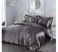 7 Piece Satin Sheets Super Soft Shiny Bedding Sets, 1 x Duvet Cover, 1 x Fitted Bed Sheet, 4 x Pillow Cases, 1 x Cushion Cover, Full Complete Bed Set (Grey, King)