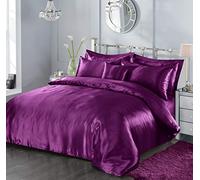 7 Piece Satin Sheets Super Soft Shiny Bedding Sets, 1 x Duvet Cover, 1 x Fitted Bed Sheet, 4 x Pillow Cases, 1 x Cushion Cover, Full Complete Bed Set (Aubergine Purple, Double)