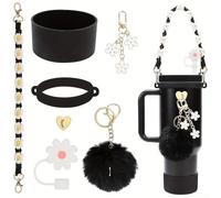 7 Piece Silicone Accessories for 40OZ and 30OZ For Water Cups with Fun Flower Pendant (black)
